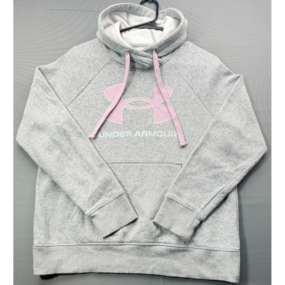 Under Armour Womens Small Loose Fleece Pullover Hoodie Gray Pink Logo SM